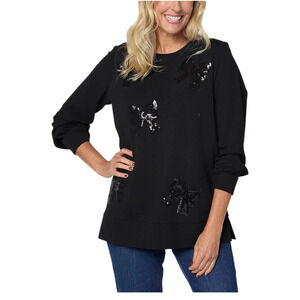 Jingle Belles by Kim Gravel Women's Sequin Bow Knit Top Black - Regular